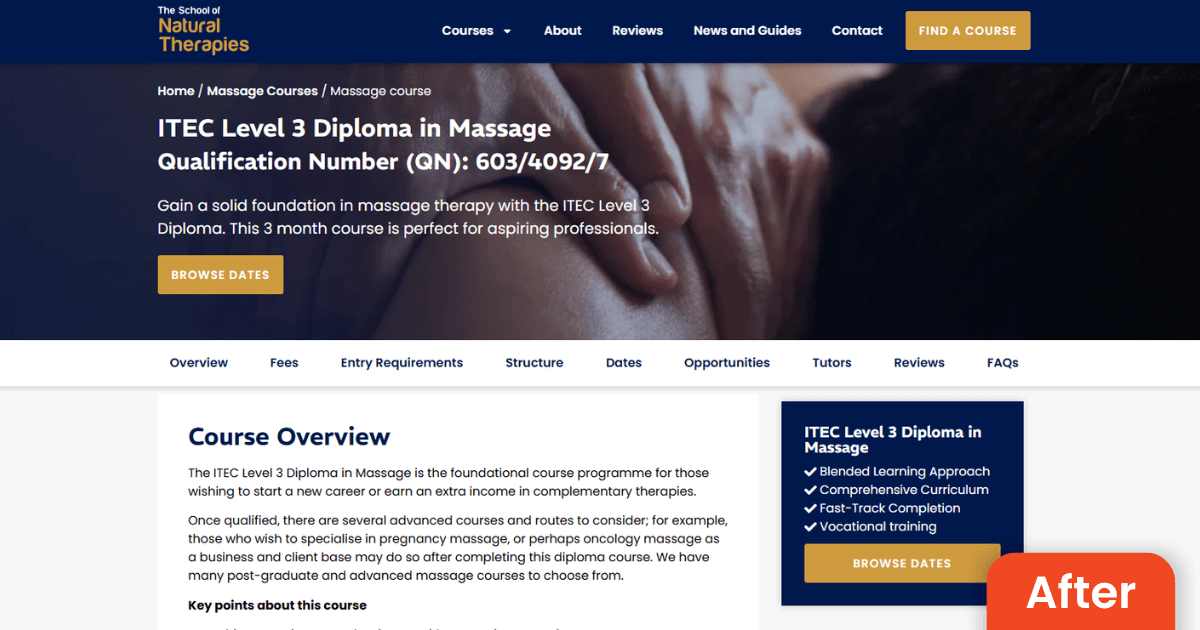The new School of Natural Therapies course page
